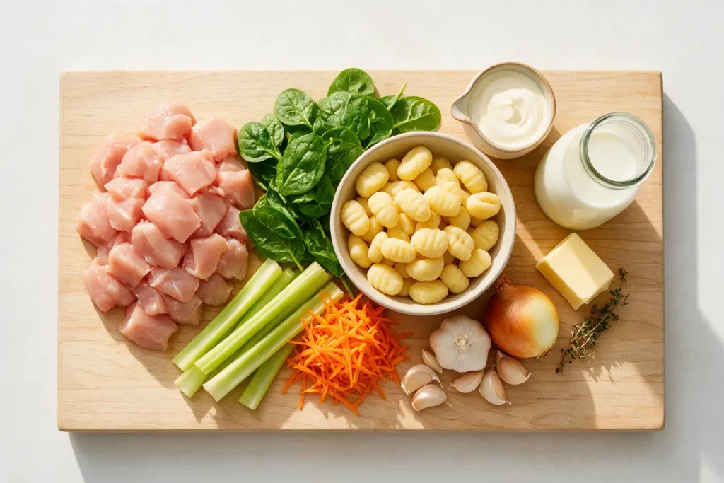 Ingredients for chicken gnocchi soup: chicken, gnocchi, cream, spinach and carrots