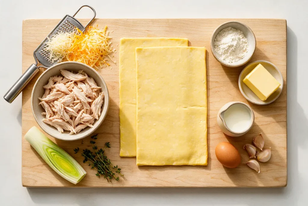 Ingredients for chicken puff pastry: puff pastry, cooked chicken, cheese, leek and herbs