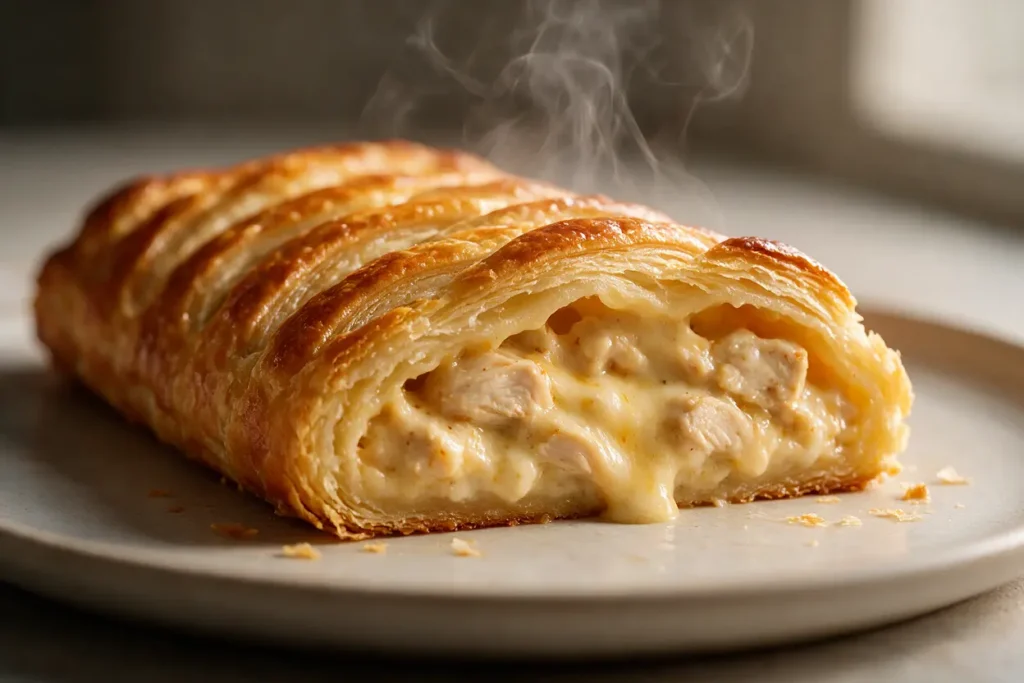 Sliced chicken puff pastry jalousie showing creamy cheesy chicken filling