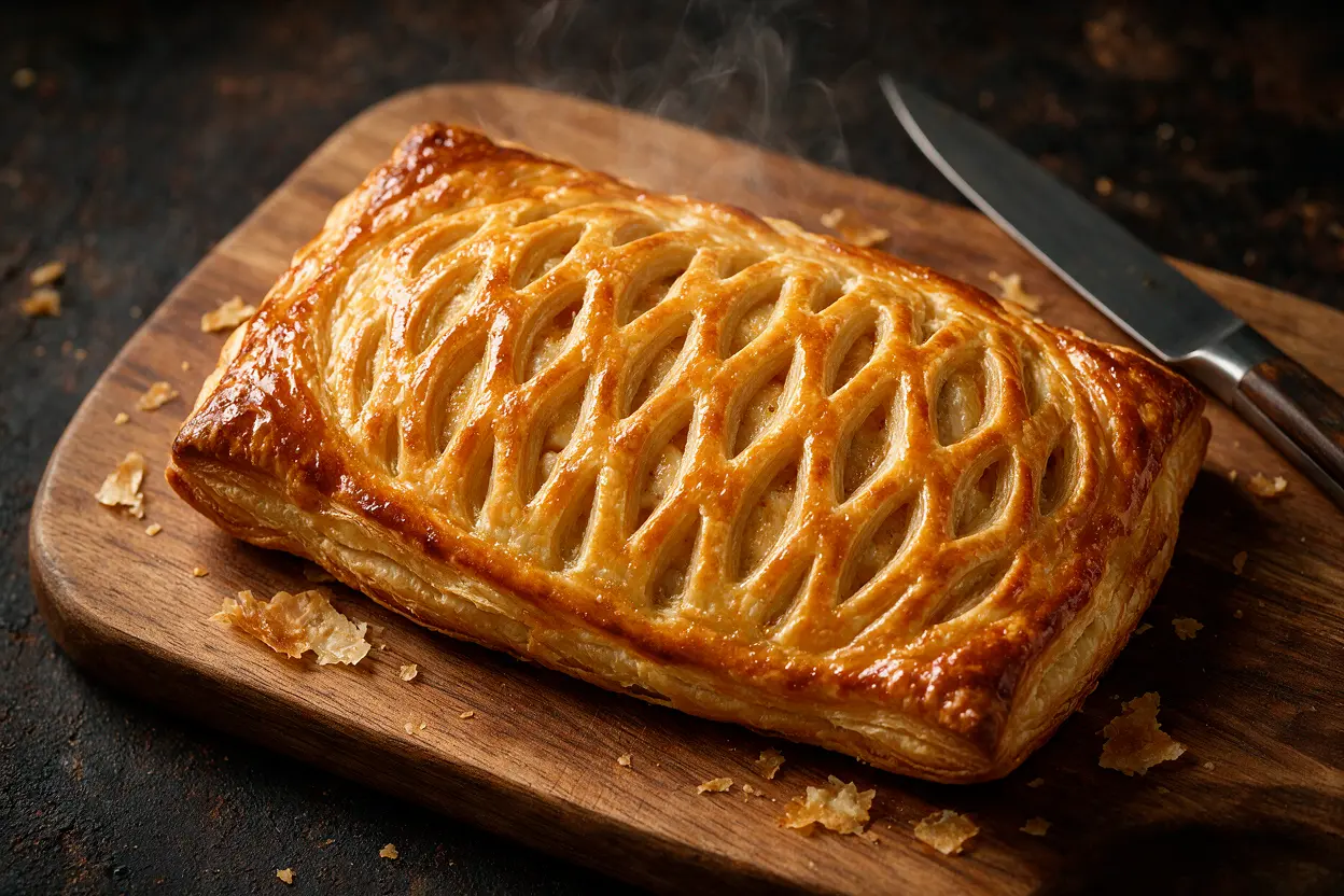 A golden baked chicken puff pastry jalousie with a lattice top