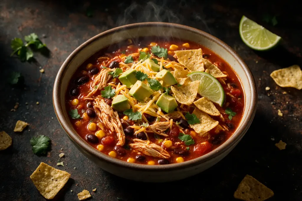 Overhead bowl of chicken taco soup with avocado, cheese, cilantro and tortilla chips