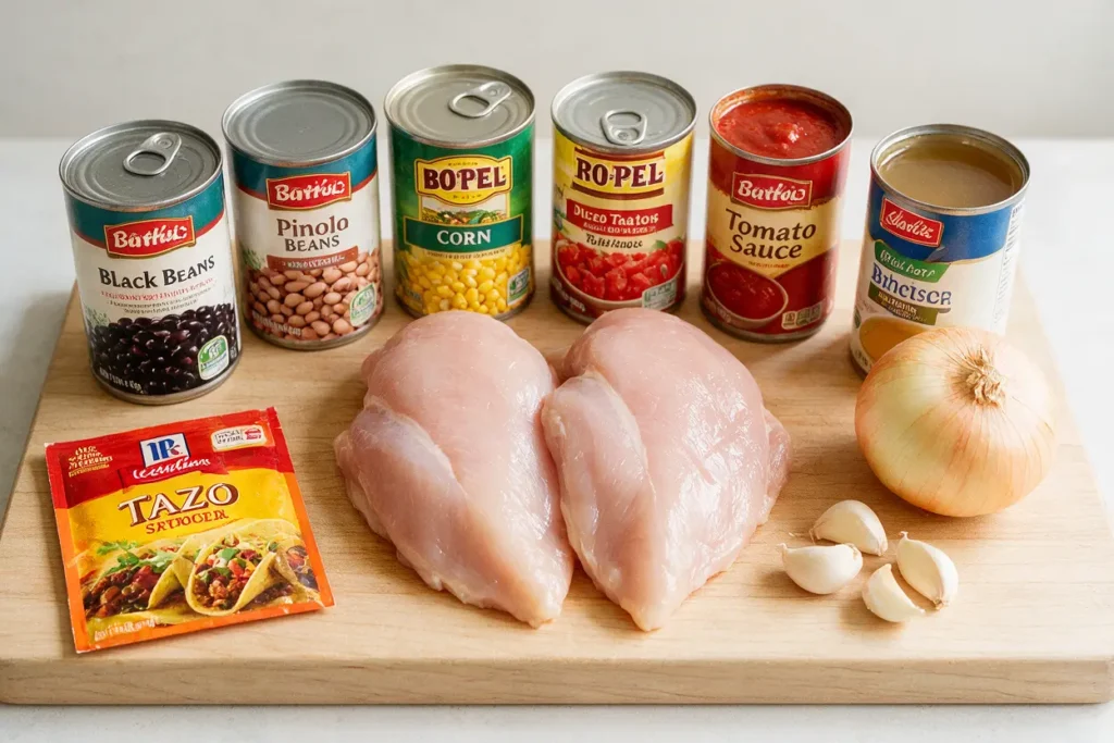Ingredients for chicken taco soup: chicken, beans, corn, tomatoes and taco seasoning