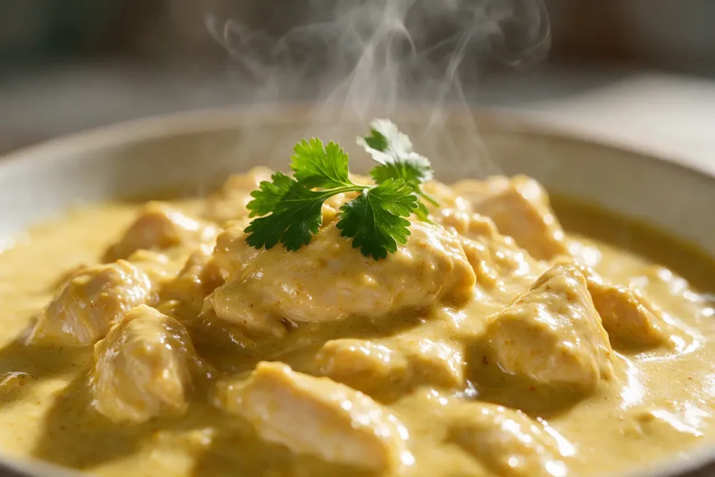 Close-up of creamy coconut chicken curry with glossy sauce