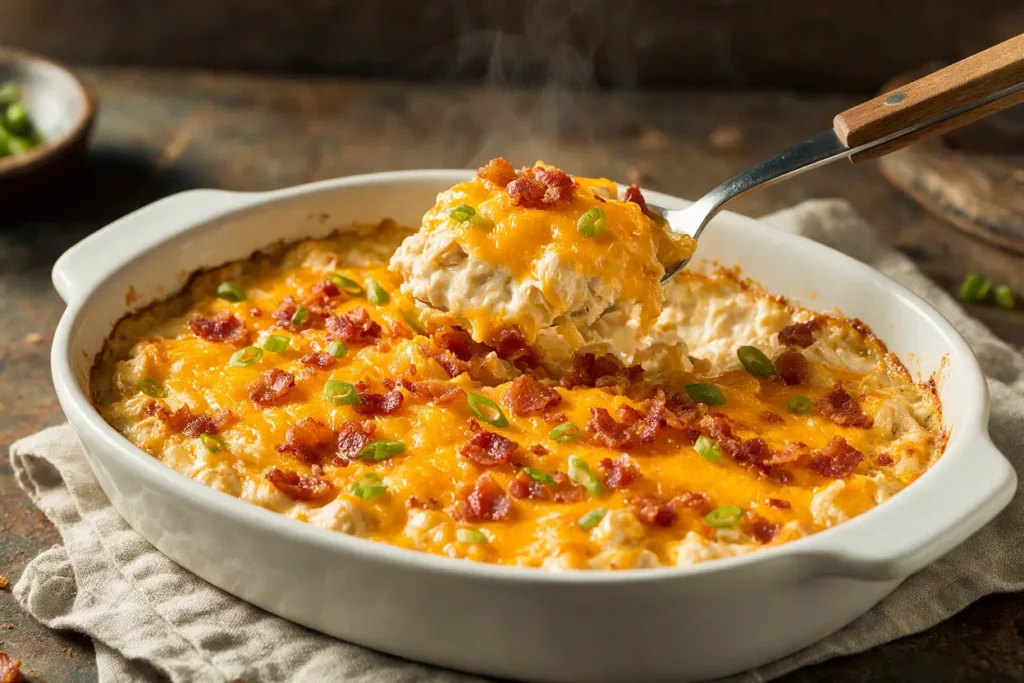 A cheesy baked crack chicken casserole topped with bacon and green onions