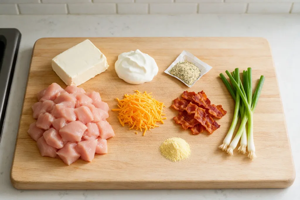 Ingredients for crack chicken casserole: chicken, cream cheese, cheddar, ranch and bacon