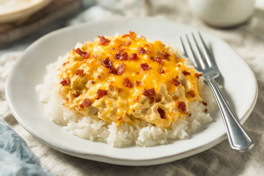 Crack chicken casserole served over rice on a plate