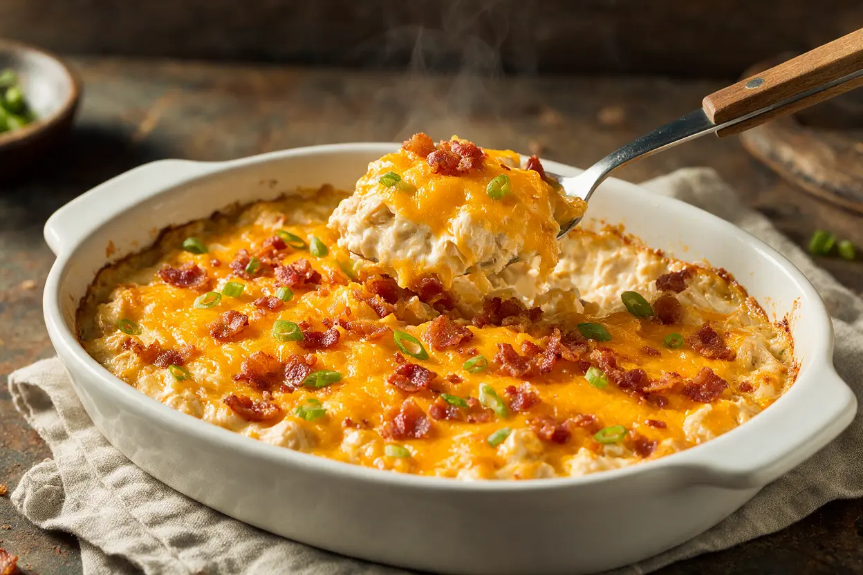 A cheesy baked crack chicken casserole topped with bacon and green onions