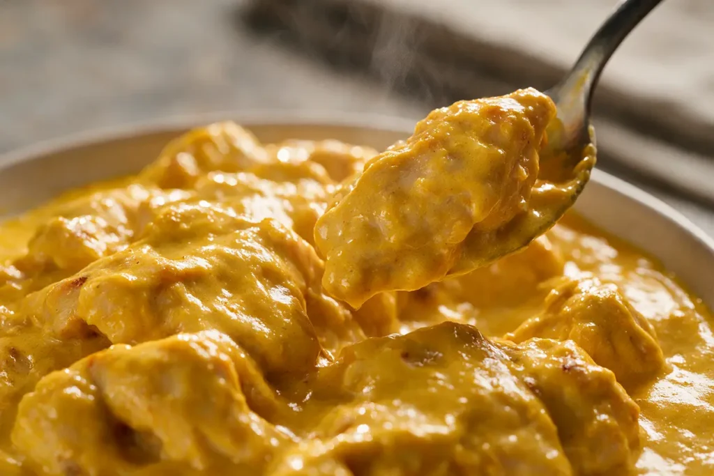 Close-up of glossy yellow aji amarillo cream sauce coating chicken