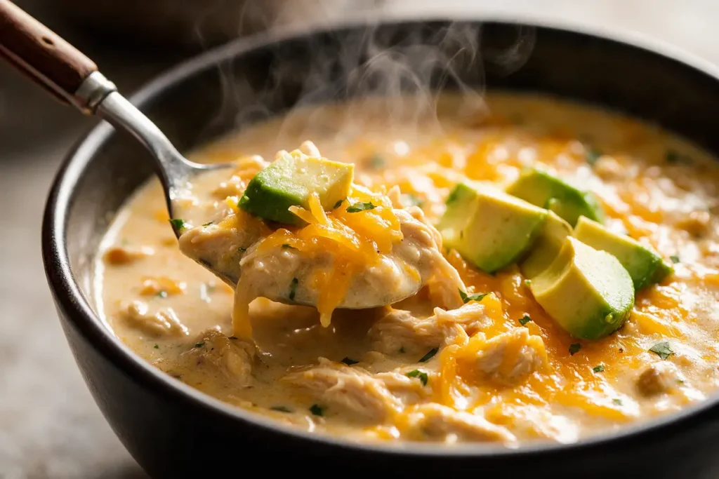 Close-up of creamy chicken taco soup topped with avocado and cheese