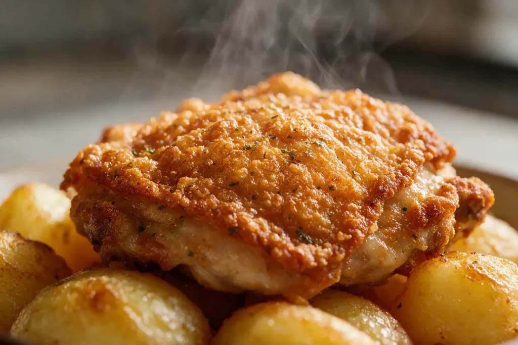 Close-up of crispy golden chicken skin over juicy roasted potatoes