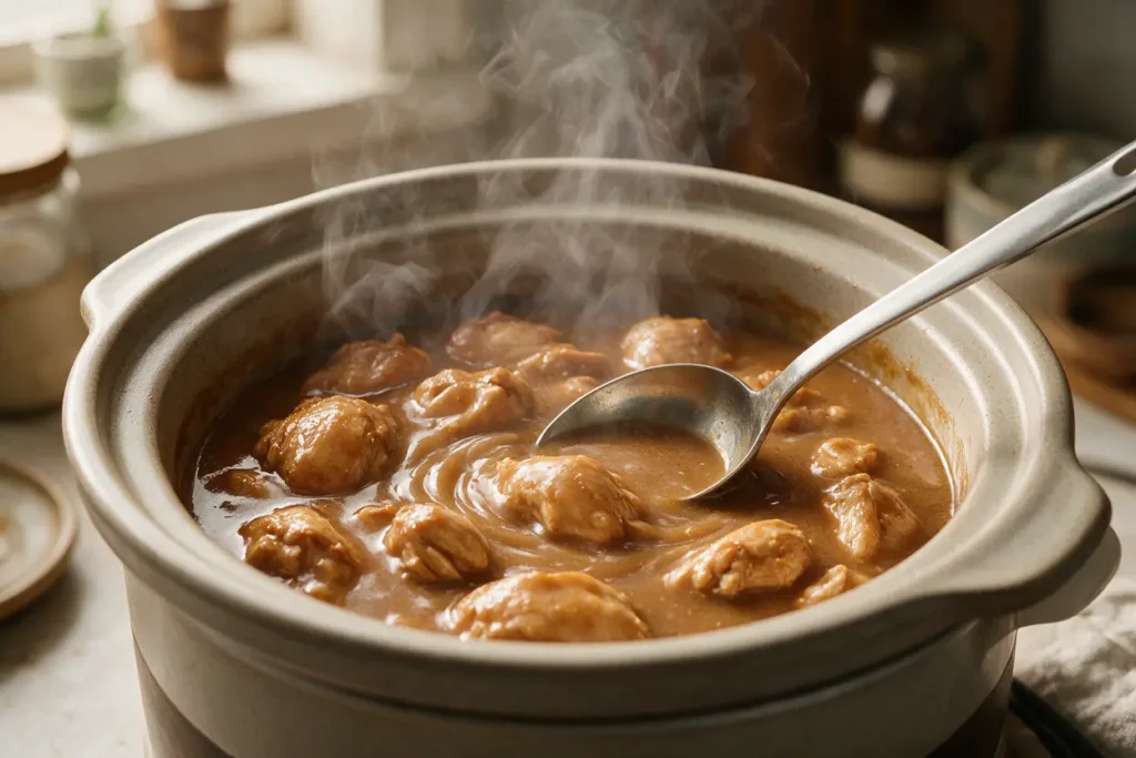 Chicken in silky savory gravy in a slow cooker