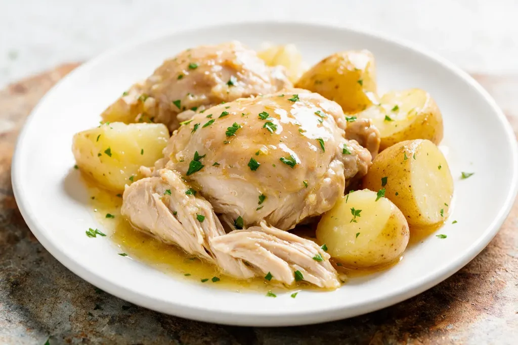 Plated slow cooker chicken and potatoes with buttery juices and parsley