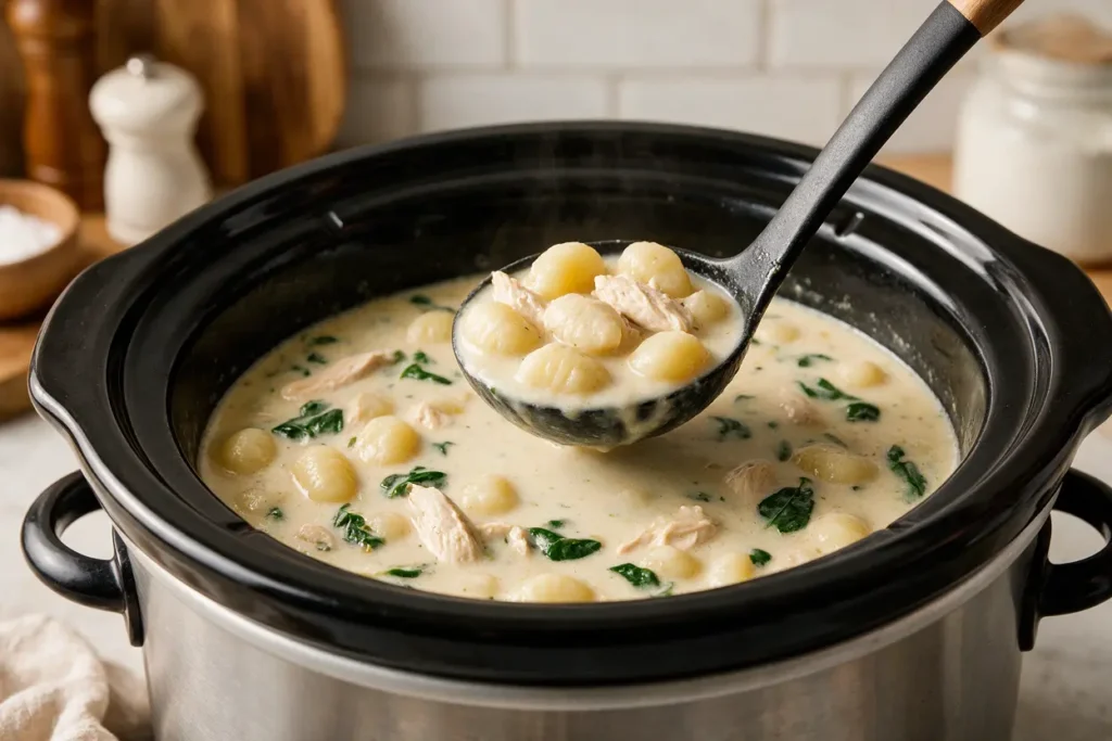 Creamy chicken gnocchi soup in a slow cooker with a ladle