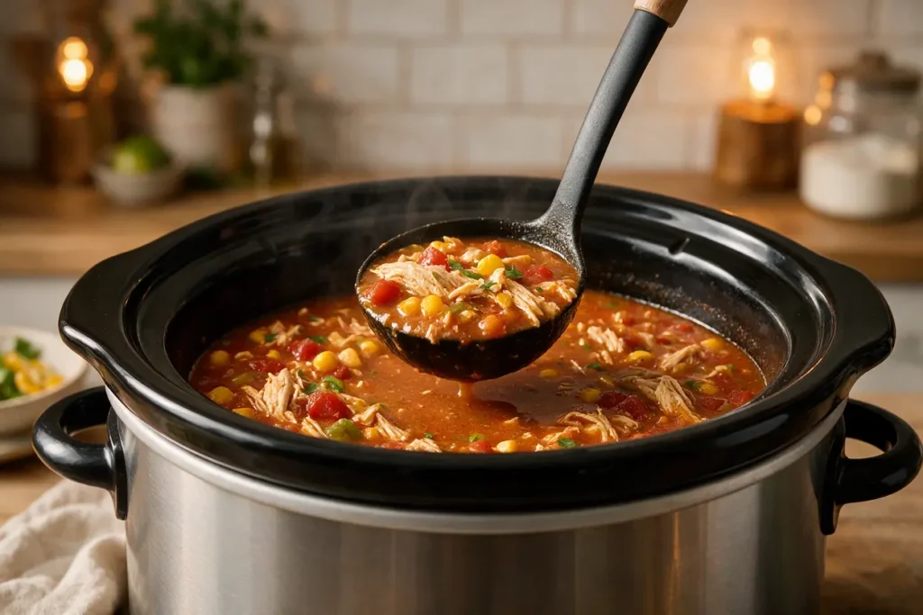A slow cooker full of chicken taco soup with a ladle