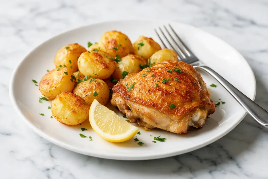 Plated roasted chicken thigh with baby potatoes, parsley and lemon on a white plate