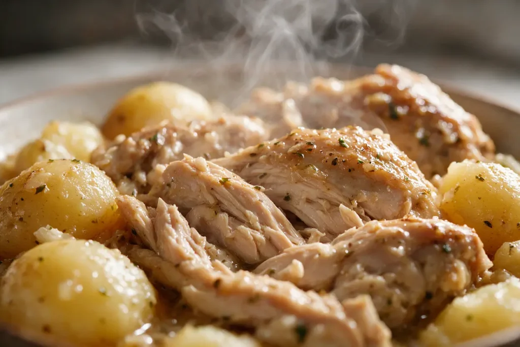 Close-up of tender garlic-herb slow cooker chicken and potatoes