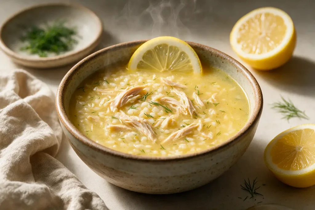 A bowl of Greek lemon chicken and rice soup garnished with dill and lemon