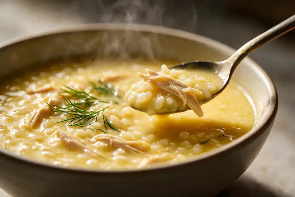 Close-up of silky avgolemono soup with rice and shredded chicken