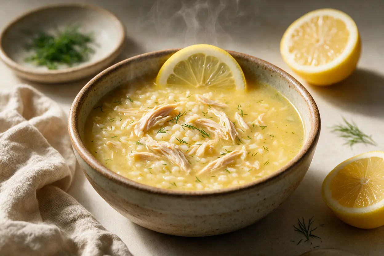 A bowl of Greek lemon chicken and rice soup garnished with dill and lemon
