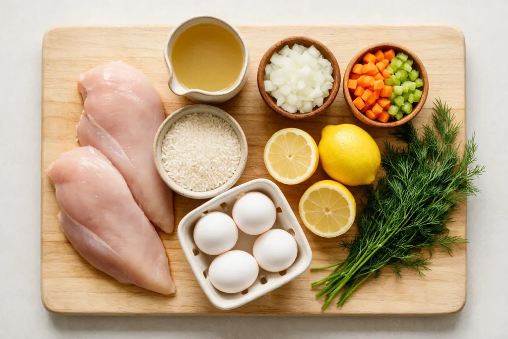Ingredients for Greek lemon chicken soup: chicken, rice, eggs, lemons, broth and dill