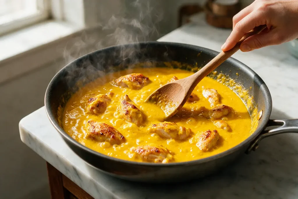 Golden aji amarillo sauce being stirred in a skillet with chicken