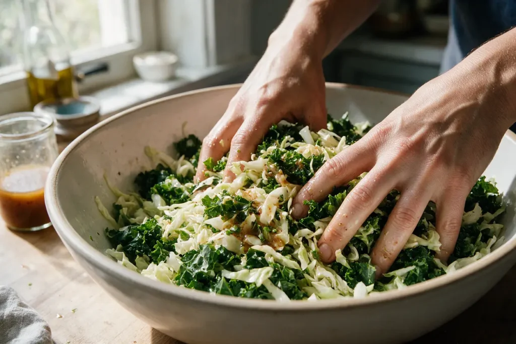 Massaging apple cider vinaigrette into chopped kale and cabbage