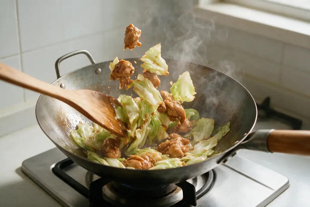 Chicken and cabbage being stir-fried in a wok with steam