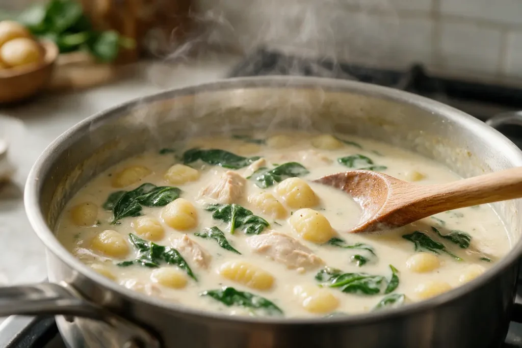 Gnocchi and spinach simmering in a creamy chicken soup pot