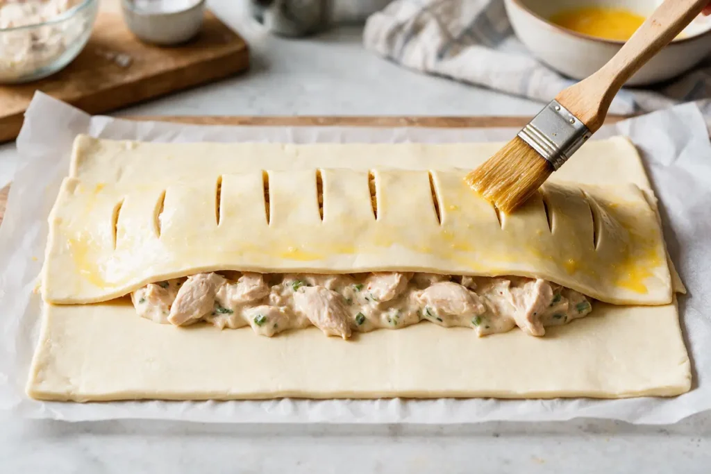 Assembling a chicken puff pastry jalousie with lattice slits before baking