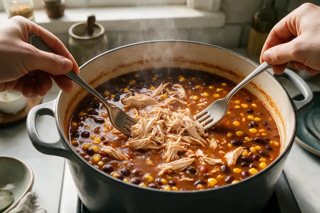 Shredded chicken being stirred into a pot of chicken taco soup