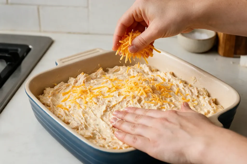 Creamy cheese and chicken mixture spread in a baking dish before baking