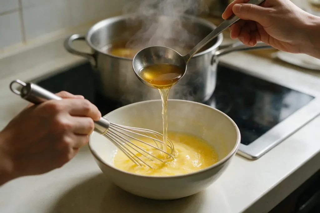 Whisking egg-lemon mixture tempered with hot broth for avgolemono