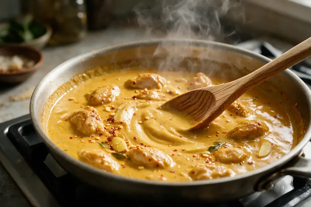 Chicken simmering in creamy golden coconut curry sauce