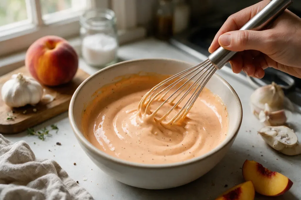 Whisking the creamy Cane's copycat sauce in a bowl