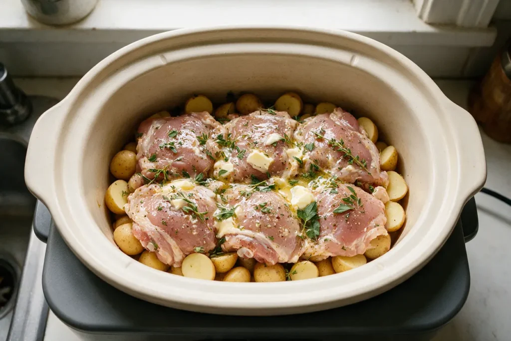 Seasoned chicken layered over baby potatoes in a slow cooker before cooking