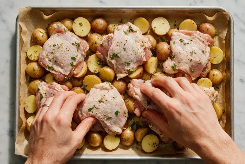 Seasoned chicken thighs arranged among halved baby potatoes on a sheet pan before roasting