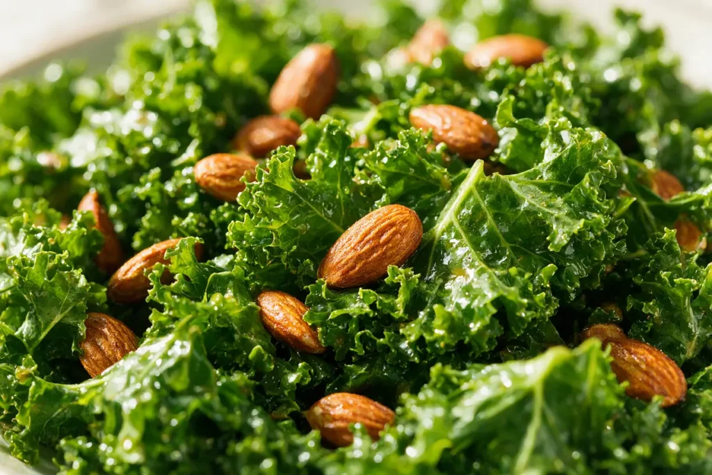 Close-up of copycat kale crunch salad with roasted almonds