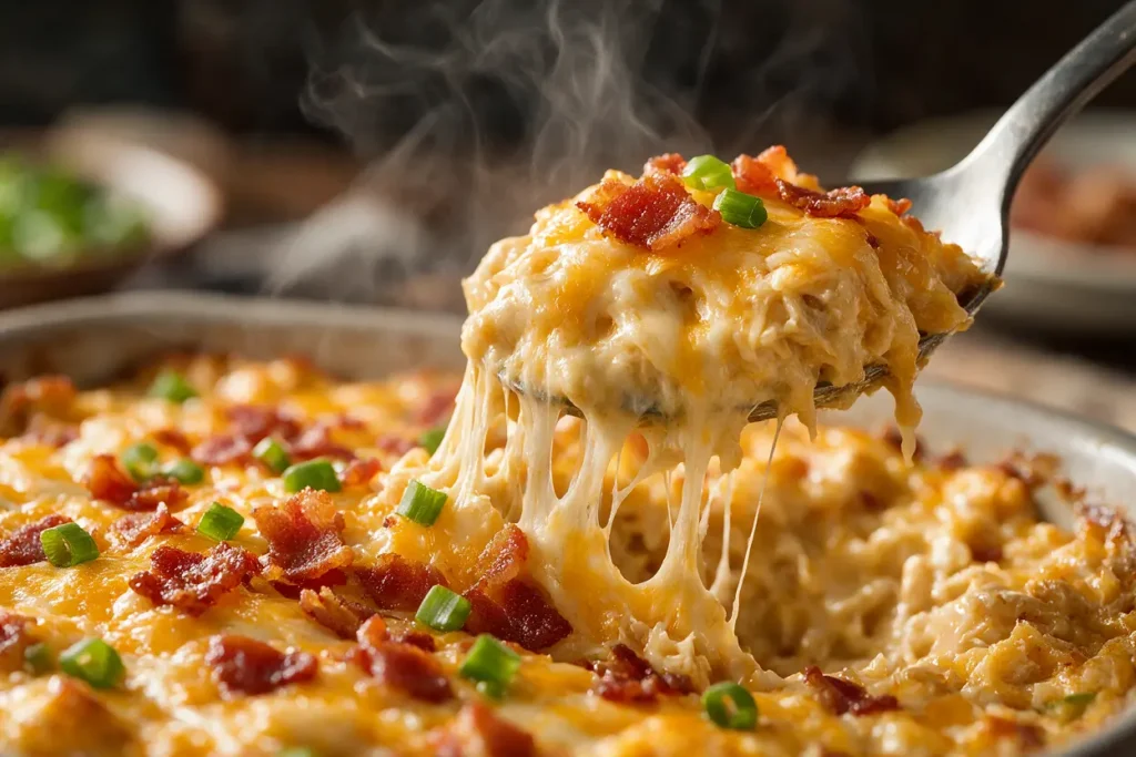 A scoop of keto crack chicken casserole with a cheese pull