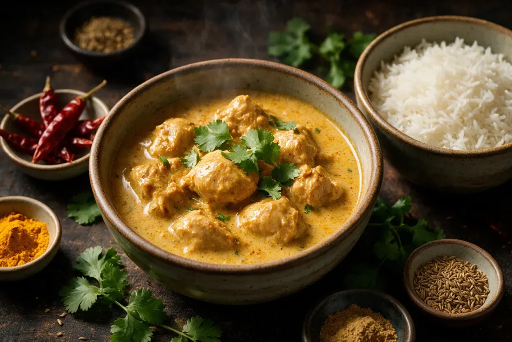 A bowl of nariyal chicken recipe coconut curry garnished with cilantro over rice