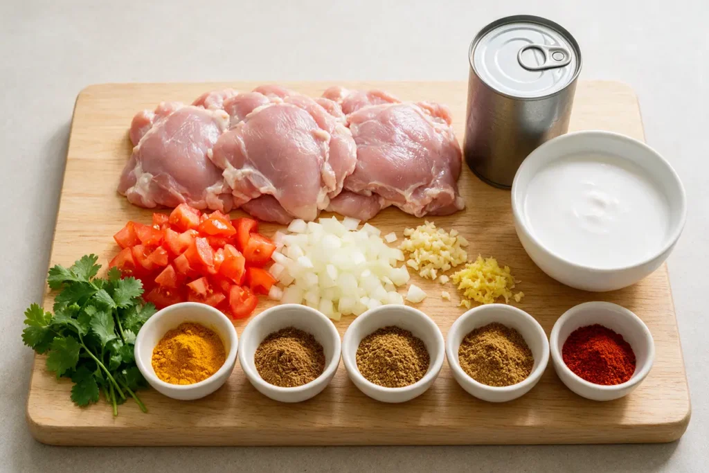 Ingredients for coconut chicken curry: chicken, coconut milk, tomatoes and Indian spices