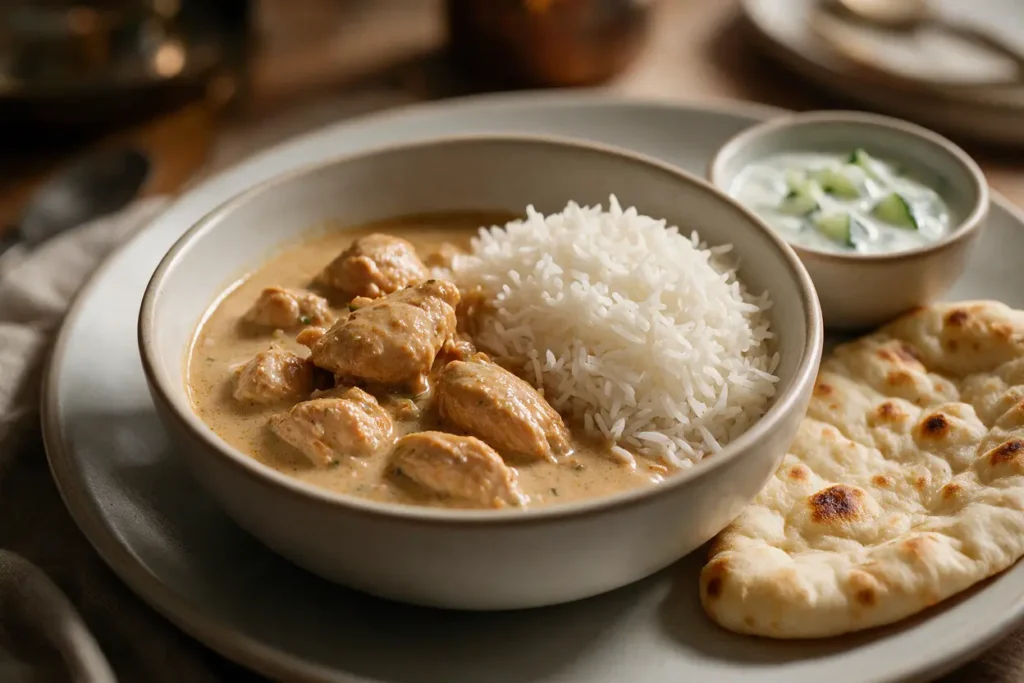 Nariyal chicken coconut curry served over basmati rice with naan
