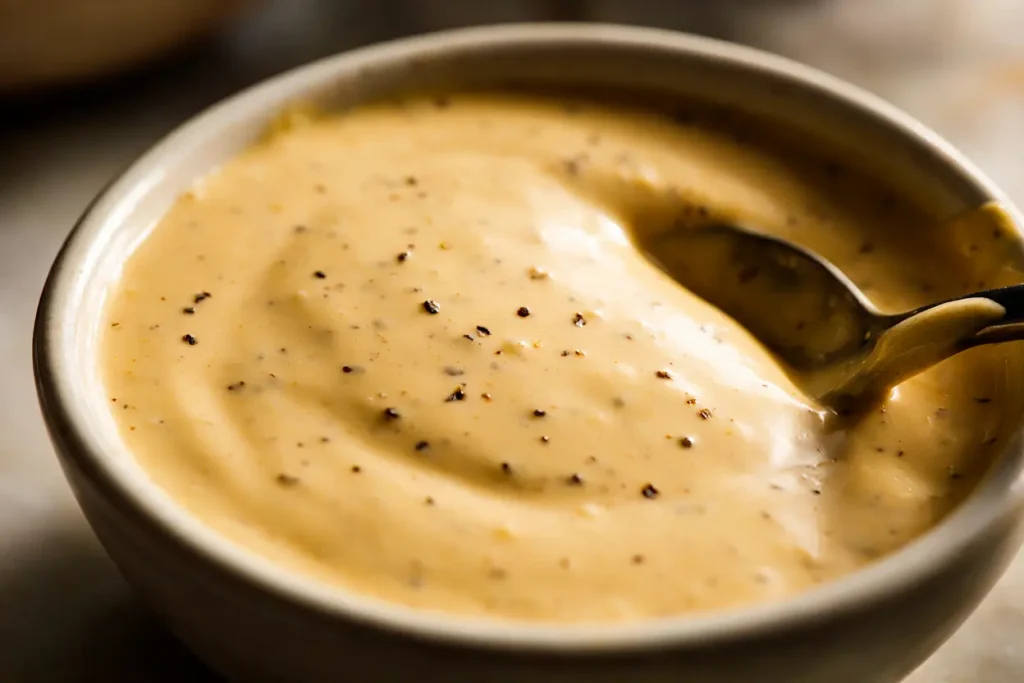 Close-up of creamy peppery Raising Cane's sauce in a bowl