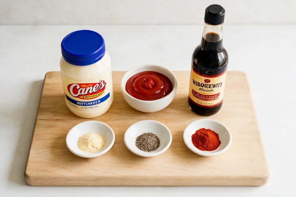 Ingredients for Cane's sauce: mayonnaise, ketchup, Worcestershire, garlic powder and pepper