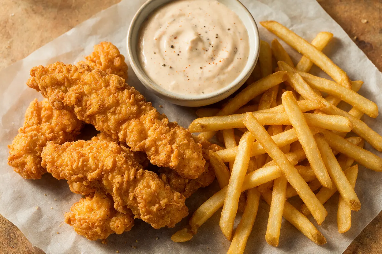 A bowl of copycat Raising Cane's sauce with crispy chicken fingers