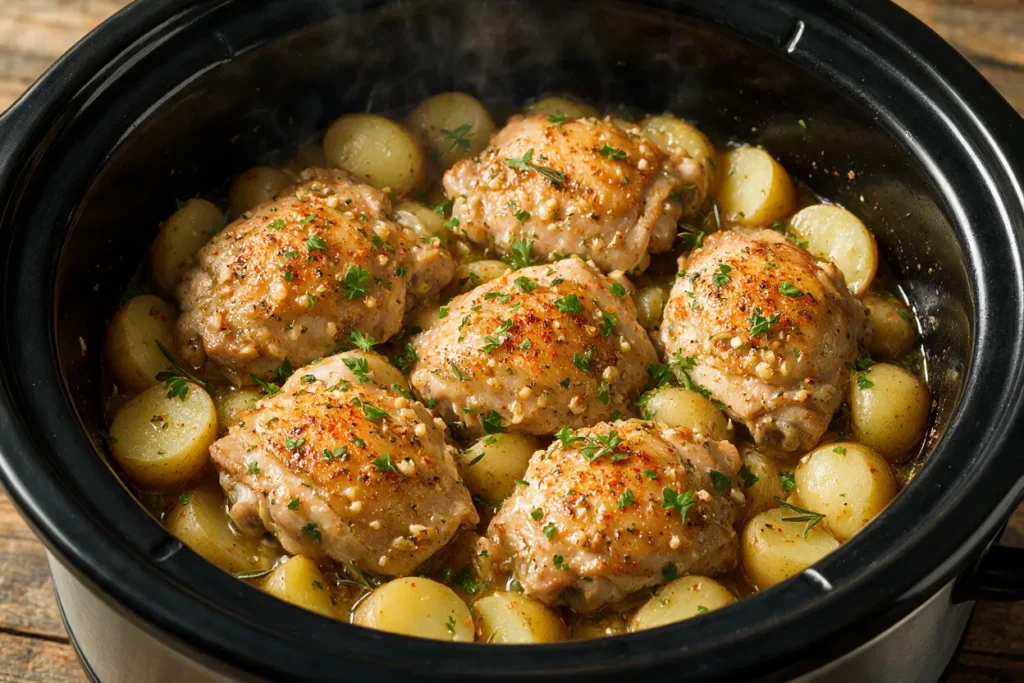 A slow cooker full of garlic-herb chicken and baby potatoes with parsley