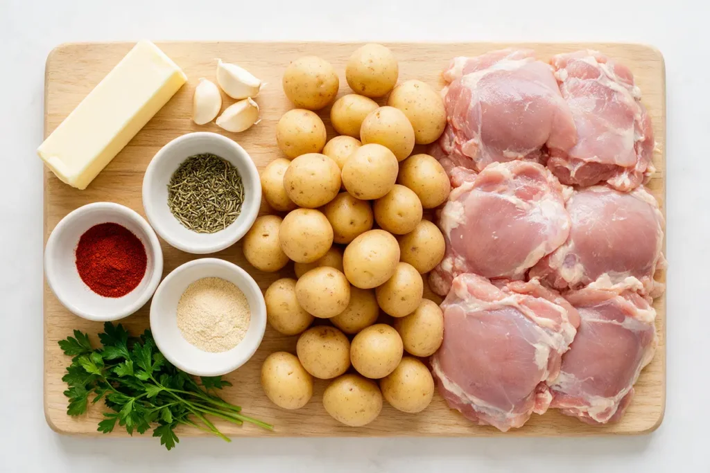 Ingredients for slow cooker chicken and potatoes: chicken, baby potatoes, butter, garlic and herbs