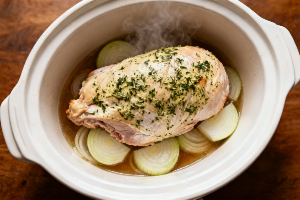 Herb-buttered turkey breast in a slow cooker with onions and broth