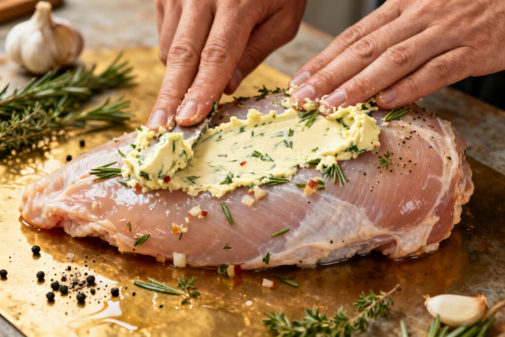 Raw turkey breast rubbed with herb butter and garlic