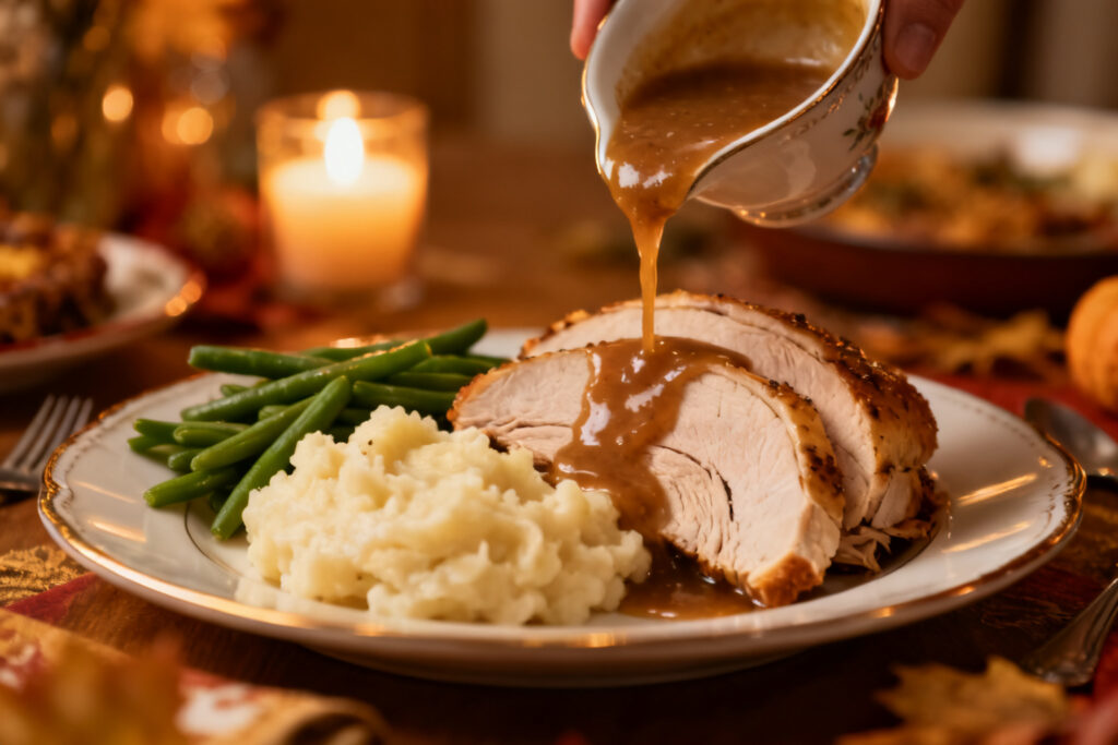 Sliced turkey breast with gravy and mashed potatoes on a holiday plate