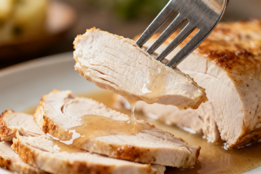 Close-up of tender sliced crockpot turkey breast